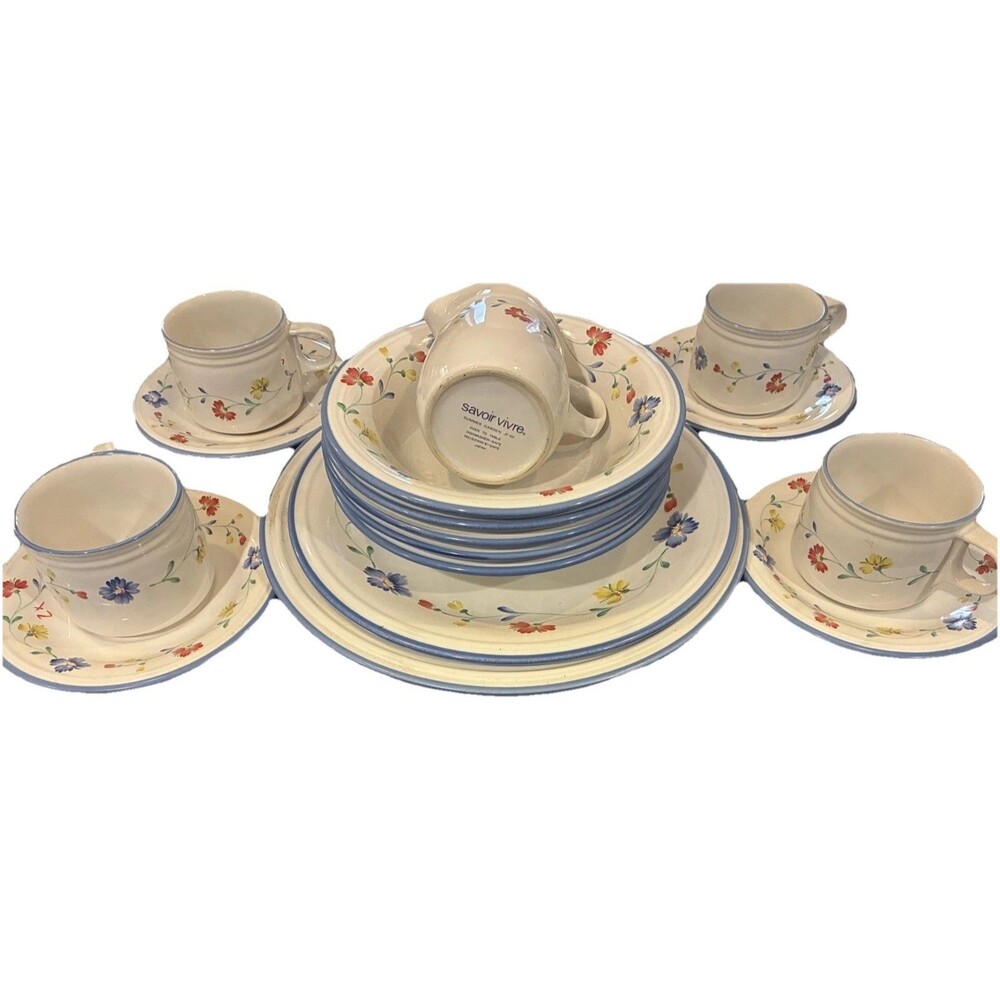Savoir Vivre Summer Garden Set- Platter, Creamer, Bowls, Saucer Cup Set of 16